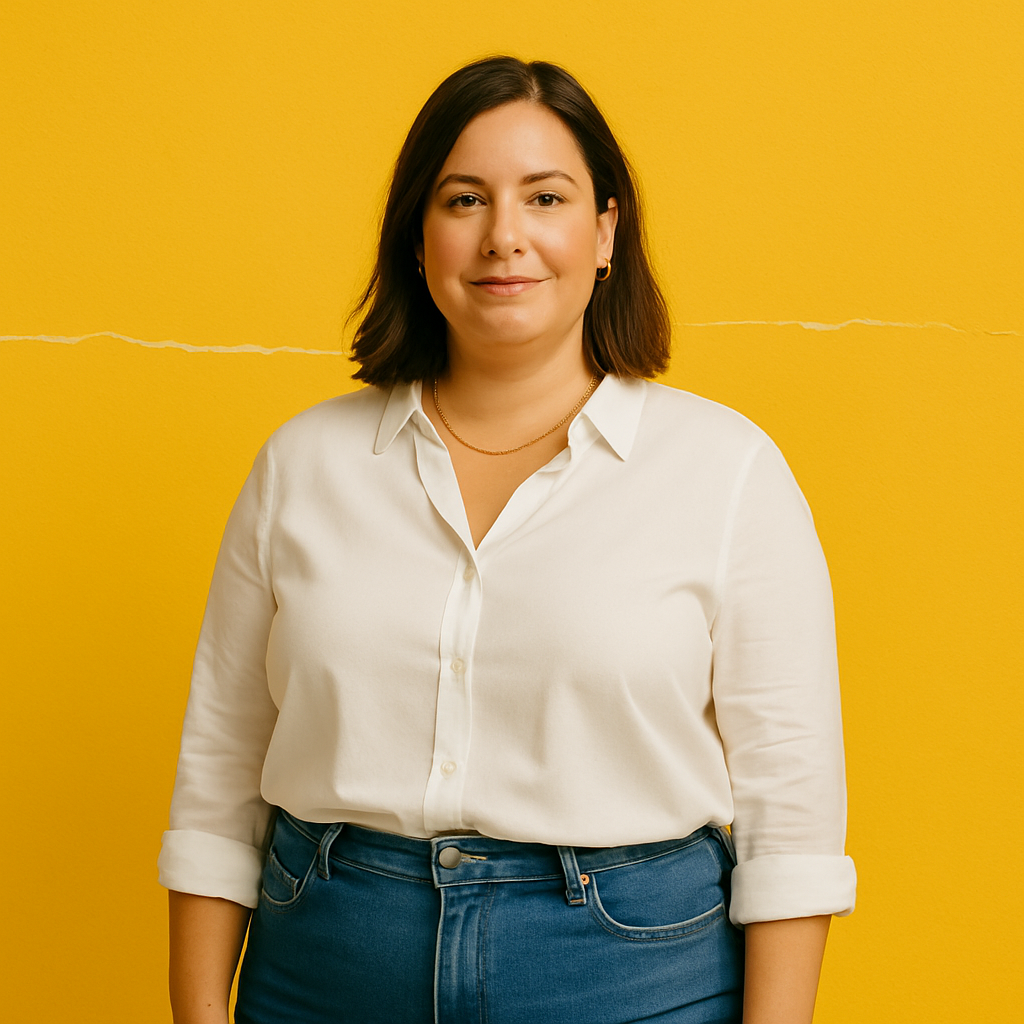 A woman in a white button down shirt